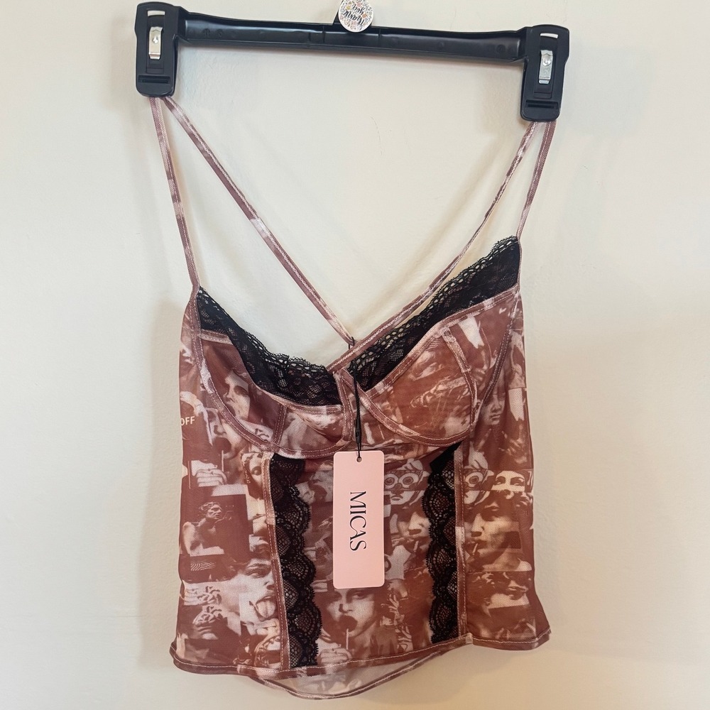 Micas Brown Graphic Print Mesh Corset Top Black Lace Trim Size L NWT